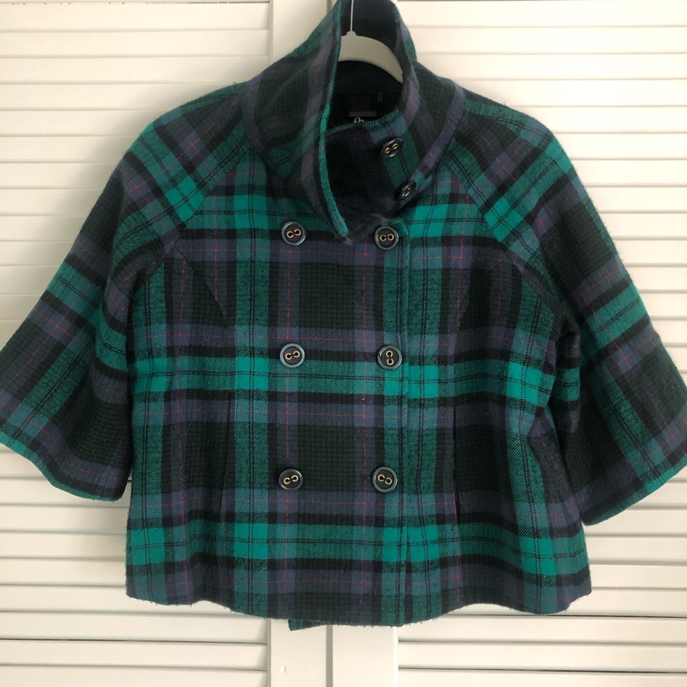 Plaid Short Jacket with Button Detail, 3/4 Sleeve